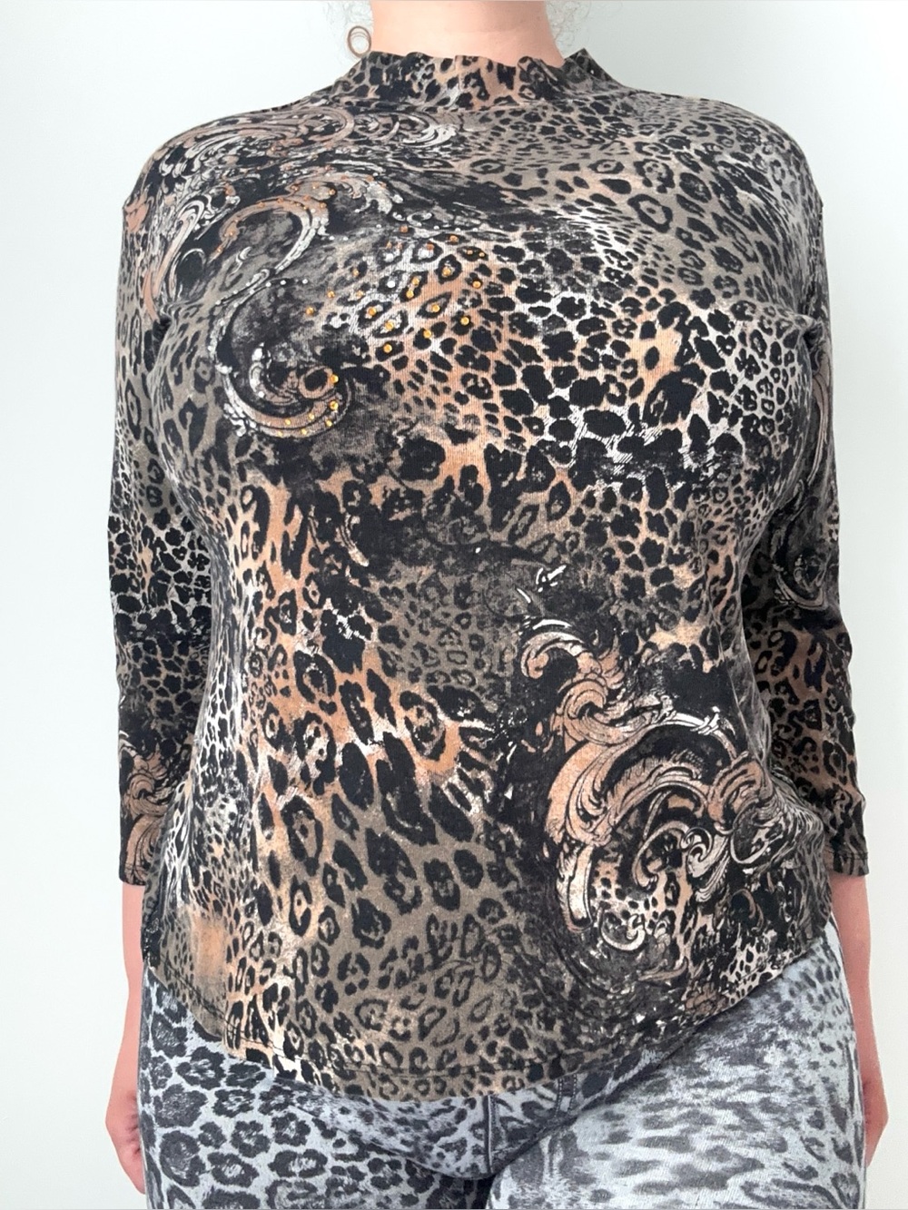 90s leopard abstract rhinestones high neck top